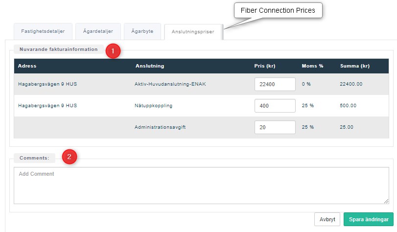 Edit view - Fiber connection prices