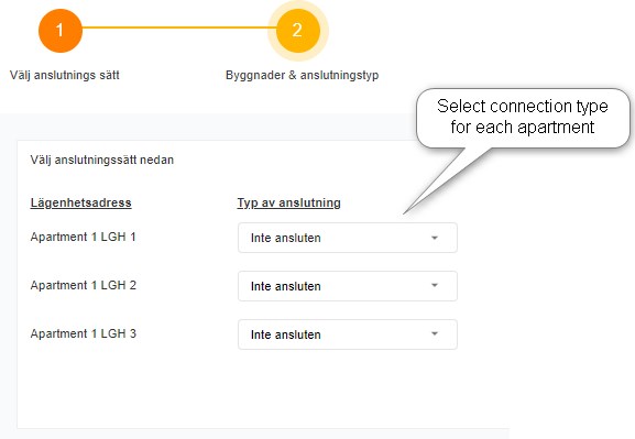 Select connection type or apartments